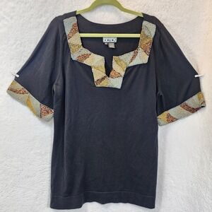 Berek Beaded V Neck Sweater Top Womens 1X Plus Embellished Indie Artsy Neutral